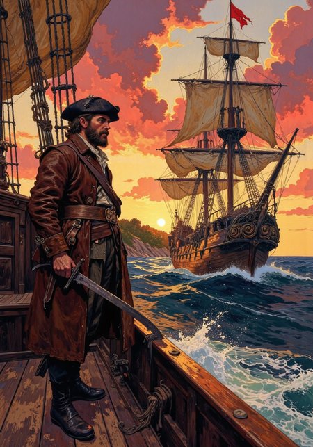 Masterpiece, best quality, Concept painting, classical composition. A rugged explorer holding a cutlass in a weathered leather coat stands on the deck of a grand galleon with towering sails and intricate carvings cuts through the ocean at sunset, eyes fixed on the horizon. His beard is gruff, and he wears a battered tricorn hat. His cutlass is dark and jagged from many battles. The sea churns beneath the ship, and in the distance, a lush, uncharted island. The sky is painted in hues of amber and rose, evoking adventure and the unknown. The setting sun lights up the sky with clouds of fiery crimson and orange. The style is cinematic, rim lit, with dramatic lighting and rich textures, reminiscent of an oil painting from the Age of Sail. The scene is cinematic and dramatic, with a richly vibrant fantasy-art aesthetic, highly detailed textures. Ultra-detailed, sharp image, rim lit, cinematic lighting, 8K resolution.  DB4RZ, DB4RZ style painting, hopy1 illustration