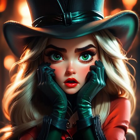 Score_9, score_8_up, score_7_up, score_6_up, BREAK <lora:3D_Fairytales_r2:1> 3D Fairytales, The image shows a woman wearing a red dress and a black hat with her hands on her head against a blurred background., 1girl, solo, hat, gloves, looking at viewer, green eyes, portrait, hands on own cheeks, hands on own face, long hair