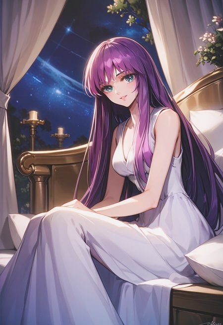 score_9, score_8_up, score_7_up, best quality, intricate details, source anime, rating explicit, BREAK
sitting on stairs, stairs, love gaze, blush, parted lips, light smile, head tilt, 
athenakido, purple hair, long hair, aqua eyes, bangs, sleeveless dress, <lora:SaoriKido_Pony_v02-10:1> 
canopy bed, ethereal, night, starry sky, volumetric light, bedroom, cushions