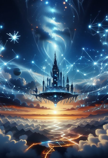 starry_morph floating city, clouds, night sky,  multicolored, masterpiece, high details, high quality,