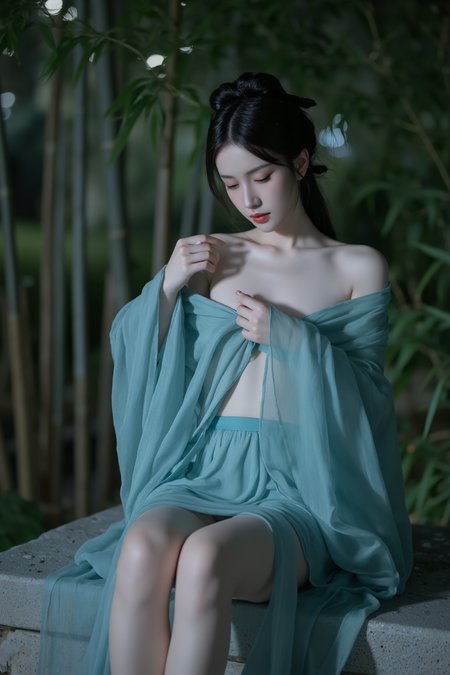 <lora:ãéº¦æ©éè¡£ãMajicflus:0.7>, qingyi, Under moonlight, a young woman quietly sits on a stone platform, wearing a short cyan hanfu with loose sleeves draping partially over her arms. The translucent fabric outlines her skin, with the skirt just reaching her knees, revealing her long legs. She lightly brushes the shawl on her shoulder, the background a serene bamboo grove with starlight filtering through the trees.âââ