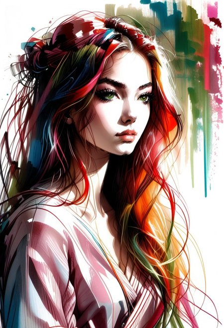 masterpiece,best quality,detailed background, <lora:hyperSD8:1>,
1girl, red hair, long hair, blunt bangs, hime cut, green eyes, eyelashes, large BREASTS, <lora:UKIYO-E_V3:1> ukiyo-e, DETAILED EYES, BORED, loose clothes, expressionless, saturated colors, vibrant colors