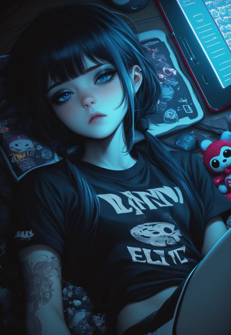 score_9, score_8_up, score_7_up,BREAK
dark theme,night, low light, sleepy eyes, 
1girl, 20 years old,messy,skinny,emaciated, 
 black twintails, goth, blue eyes, freckles, tattoo, multiple scars,eyes, grey eyeshadow, exhausted, 
 side bangs, expressionless, toys, keyboards,tablet pc, dolphin shorts, neon palette, wooden floor, holding phone, 