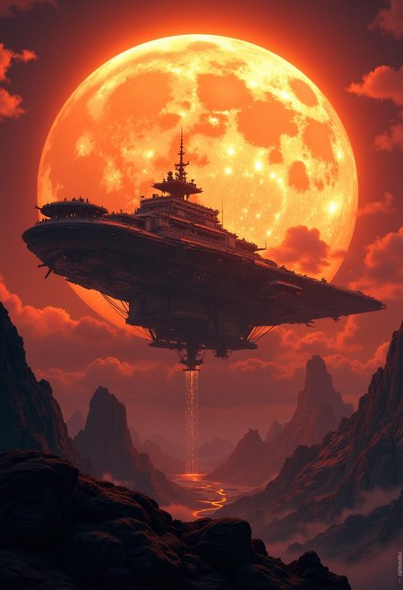 best quality, masterpiece, large capital spaceship, a supermassive dull sun in the background, cinematic, dynamic photorealistic image, High Definition HD, High Detail, Perfect Composition, mythp0rt