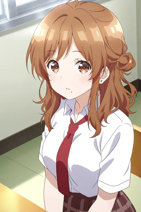 anime screenshot, izumi yuzu, 1girl, solo, brown hair, long hair, single side bun, brown eyes, mole under mouth, large breasts, school uniform,white shirt, collared shirt, short sleeves, red necktie, brown skirt, plaid skirt, pleated skirt, earrings, looking at viewer, parted lips, sitting, cowboy shot, indoors, chair, desk, masterpiece, best quality, high quality, highres, absurdres, 
 <lora:izumi_yuzu_ILXL:0.9>