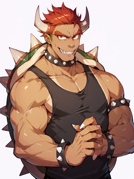 score_9, score_8_up, score_7_up, score_6_up, score_5_up,   <lora:bowserXLP:1> bowser, spikes, 1boy, horns, solo, red hair, muscular, human, tan, black tank top