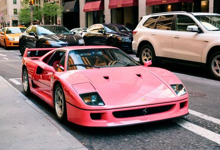 ClassicMuscleCar, gleaming pastel pink Frerrari F40, front view, sunny, New York fifth avenue, 4K, highly detailed, (((stylish grainy analog 35mm film photo)))