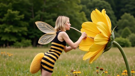 cinematic photo a (25 year old girl:1.5), she has huge bee wings attached to her back and bee antennae attached to her head, she's wearing a( black and yellow:1.2) horizontally striped figure hugging lycra minidress, the dress has a human sized (fuzzy bee abdomen attached sticking out at the butt:1.3)
she has blonde hair in a bob cut, she has a slim figure and long legs, she has medium sized breasts
she's hovering in midair in front of a enormous flower, the flower is bigger than the girl, ready to drink it's nectar through a long straw, the straw is held in her hand with the end (stuck into the flower:1.3)
she's in a meadow of enormous wild flowers,, score_9, score_8_up, score_7_up, hyperdetailed, hyperrealistic,  best quality, (masterpiece:1.3),high-definition, intricate details, volumetric lighting, symmetrical face, level eyes, . 35mm photograph, film, bokeh, professional, 4k, highly detailed