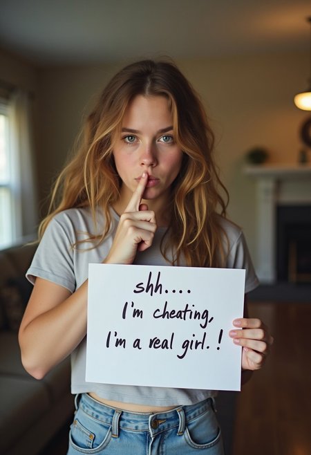 a photograph of an 18 years old girl with disheveled hair, casual clothing, she holds a sign with a handwritten message that reads "shhh... I'm cheating, I'm a real girl" while she puts a finger on her mouth in a shushing gesture, photograph taken with a modern cellphone inside a typical american home