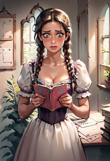 Score_9, score_8, a cute girl, reading bad news, looking fearfully at letter, holding opened-letter, standing behind a large writing desk, Victorian dress, blushing, embarrassed, clutching an (unfolded letter:1) to her heaving chest, rating_safe, , Expressiveh, realistic, thotty_jessicaXL
