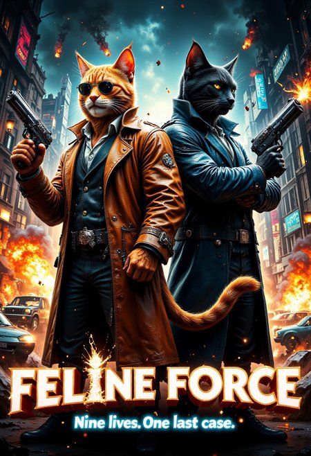 Buddy cop movie poster: "Feline Force." Two muscular anthropomorphic cats in detective trench coats and sunglasses stand back-to-back, each holding a futuristic revolver. One is a grizzled tabby with a cigar, the other a sleek black cat with a smug smirk. Behind them, a neon-lit cityscape glows with crime and chaos. A high-speed car chase and explosion in the background add to the action. The title "Feline Force" is displayed in bold, stylized retro action font, with the tagline below: "Nine lives. One last case." A mix of 80s action flick aesthetics and modern animation detail.
  Fantastic lighting. Detailed shadows, intricate details, ((vivid colors,)) hyper-detailed, ultra-sharp in the style of Jed-clrfl R3alisticF  midjourneyv6.1