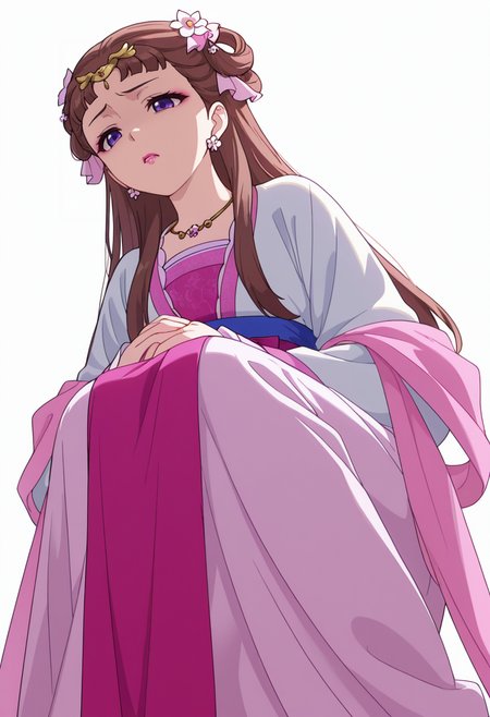 Smooth Quality,masterpiece,very intricate, high quality details, ultra realistic, high detailed skin,detailed enviorement,absurdres,
partially undressed, 
 <lora:Lishu_CNR:0.8> lishu_cnr,brown hair, long hair, purple eyes, makeup, lipstick, lishu_pink_cnr,hanfu, dress, long sleeves, sash, shawl, circlet, flower earrings, necklace,hair flower, hair rings, hair bun,, simple background, white background, from below,
crouching, hands together, foot forward, intense, ready,  ,disgust,