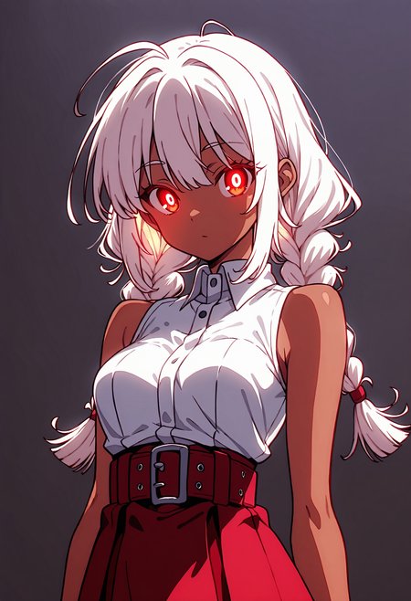n30n01r, glowing, <lora:NeoNoir:0.6>,
NoGamenoLifeStyle, <lora:No_Game_no_Life IL:0.6>,
4ur4_illu,shiny, <lora:Aura_Phantasy_illu:0.6>,
<lora:spo_sdxl_10ep_4k-data_lora_webui:0.8>,
1 girl,white hair,long hair,braid,twin braids,sidelocks,ahoge,red eyes,dark skin,dark-skinned female,medium breasts,white shirt,sleeveless shirt,bare shoulders,belt,high-waist_skirt,