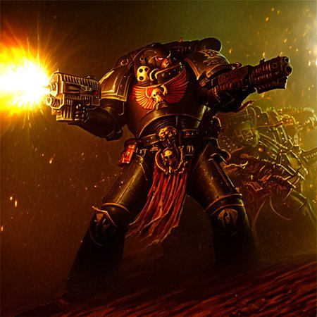 Score_9_up, absurdres, source: GamesWorkshop, grimdark, gothic horror, an adeptus astartes space marine in armor and helmet, he is firing a bolter gun