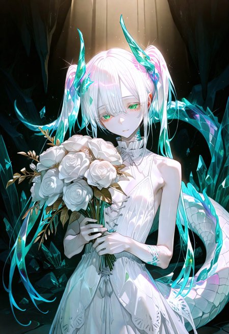 safe_pos, safe_pos, perfect quality, best quality, absolutely eye-catching, cinematic, (masterpiece), (ultra-detailed), Soft lighting, very aesthetic, illustration, perfect composition, ultra detailed face, detailed eyes, 
1igrl, a dragon girl, solo,
crystal hair, shiny hair, colored eyelashes, crack,
crystal hair in white,
twin ponytails,
cute face, skinny skin, skinny scales, aura,
one white crystal wing, one black crystal wing,
long white crystal dress with many laces, laces,
claw,
holding a crystal bouquet,
small breast,
crystal tail in white,
innocent, pure, curious, happy, wide open eyes, looking at viewer, pov,
break,
in a crystal cave