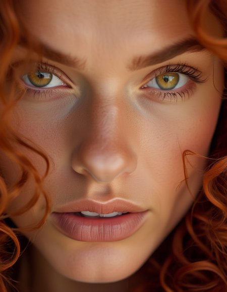 A close-up of a model with long, curly auburn hair, her hazel eyes reflecting a quiet strength, her expression serious and composed. <lora:usual-portrait-v2:1>