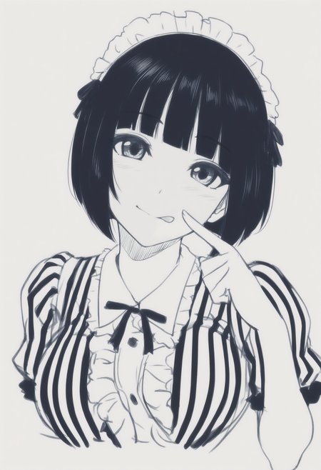 masterpiece, best quality, 1girl, solo, 0n0Shiragiku, short hair, bob cut, maid headdress, black ribbon, striped dress, center frills, puffy short sleeves, white apron, simple background, cropped torso, looking at viewer, head tilt, seductive smile, tongue out, licking lips, finger to cheek, greyscale, monochrome, lineart, sketch, graphite \(medium\), traditional media, <lora:ChamOnoShiragikuNoob:1>
