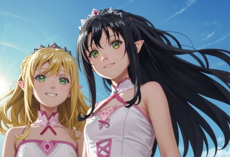 score_9, score_8_up, score_7_up, (((from Front and from below))),
at the beach, sun goes down,3female, little smile,
1, Yue, blonde hair, very long hair, red eyes,
2, Liliana, long hair, blonde hair, ponytail, tiara, green eyes,
3, Tio, yellow eyes, pointy ears, black hair, hair ornament,