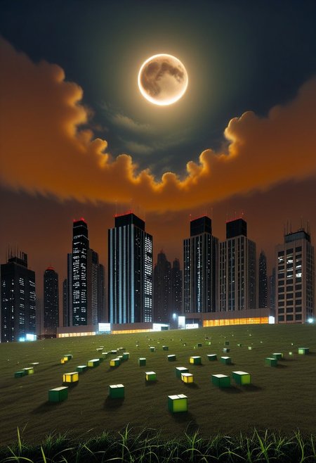 a huge hilly field covered with grass with partially clayey inclusions, green and brown boxes are visible very far away, also behind the hills narrow black skyscrapers with white windows with a yellowish tint are visible, green and brown boxes are visible far away, a dimly lit and dull black building with an orangish glow from sunset, you can see a small white bright advertisement with incomprehensible outlines, black skyscrapers with light yellow windows topped with metal structures standing right in the middle of the field reflect the light of the moon, in the distance you can see small two-story buildings with very small windows and a chimney, a little closer near the skyscrapers you can also see small two-story buildings buildings with very small windows and a chimney, not all skyscrapers are topped with metal structures, the sky on the horizon is from dark red to yellowish which sees off the departing sun, the moon is on the opposite side, the sky is soft blue topped by the moon on the opposite side of the sun, and a few stars, clouds light white very transparent barely visible,