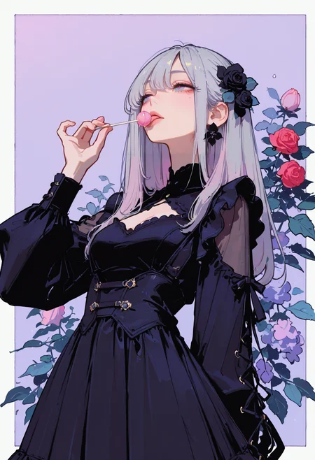 masterpiece, best quality, good quality, newest, highres, absurdres, from below,
pastel cyan eyes, grey hair, multi colored hair, long hair, hair ornament, twintale, 
victorian black maid dress, frilled skirt, half closed eyes, dazed, emotionless, small breasts, cleavage, adult,
1girl, solo, upper body, roses, hand up, licking lollipop, looking to the side, leaf, red roses, black roses, gradient purple background with thick white border,
hydrangea, laced sleeves, Ethereal Brushstroke, Flat vector illustration, rakugakingu, 
<lora:ppw_v7_animv4_1_r2:0.6> <lora:748cm_illu:0.6> 7481llu <lora:69yottea_illu_v2:0.4> <lora:illustrious_all_rated_v1:0.6> masterpiece, best quality, very aesthetic, <lora:LLDN-IL:0.6>