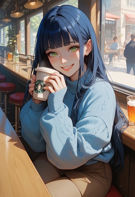 score_9, score_8_up, score_7_up, score_6_up, score_5_up, score_4_up, 1girl, (score_9, score_8_up:1.1),((( long straight hair,1,5))), (dark blue hair:1.5), blunt bangs, (green eyes), voluptuous, pale skin, white pale skin,shy smile ,HD32k,   blue sweater, brown pants, sitting, bar, holding a cup of coffee, alone , smiling, looking up, happy, angled view,