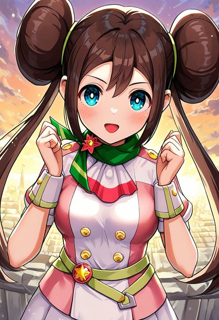 2d, masterpiece, best quality, amazing quality, 1girl, solo, close-up, standing, sky, looking at viewer, scrosa, def colors, blue eyes, brown hair, double bun, twintails, sidelocks, white shirt, yellow buttons, pink shirt, short sleeves, white wrist cuffs, green belt, green scarf, white ascot, white skirt,