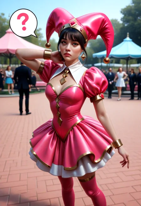 Jester influencer clowned69xoxo posing in an eccentric display of ludicrous style.
She is modeling an outrageous 
avant garde costume. 
Set in a lush park on a sunny day. 
Contemplating the philosophical question of why everyone is so serious. 
Professional photography, realistic, film grain