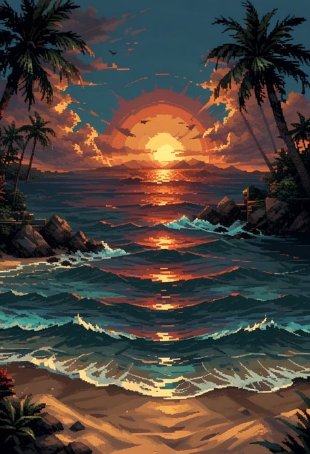 score_9, score_8_up, score_7_up, yamer_pixel_fusion, pixel art, beach, ocean, sunset, hyper-detailed, retrowave, lofi, d3p1x3l, pixel art