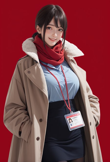1girl,solo,red background,,ruanyi0904,black skirt,blue shirt,coat,red scarf,red lanyard,ID card,black pantyhose,<lora:0904 Douki Chan clothing_v1_pony:1>, score_9, score_8_up, score_7_up, score_6_up, score_9, score_8_up, score_7_up, score_6_up source_anime, blush, 1girl, seduce smile, perfect body , natural huge breasts