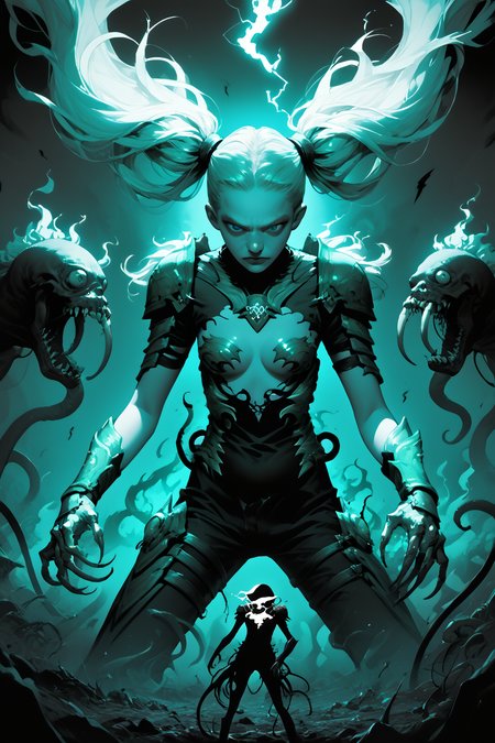 1girl, petite, white hair, twintails, <lora:DragarmP:0.8> dragarm, green armor, claws, flames rising from the ground, epic battle in the background, bright blue eyes, <lora:dark_magiks:0.6> magic, arkane_dark, flowing, swirling, glowing, flames, fire, liquid, lightning, score_9, score_8_up, score_7_up, score_6_up, score_5_up, score_4_up, <lora:040790P:0.8> 040790P, 040790XL, woman, medium breasts, <lora:GRIM_v1:0.6>  greyscale, monochrome, limited palette, horror (theme), eldritch abomination, chaotic, silhouette,