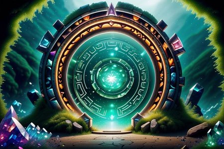 Hyperrealistic art, lush green wooded mountain pass landscape, a fantasy glowing Vivid multi-colored Runes covered made crystalz and marble Circular gate (Circular portal:1.3), fantasy, magic doorway, blue sky, Extremely high-resolution details, photographic, realism pushed to extreme, fine texture, incredibly lifelike,