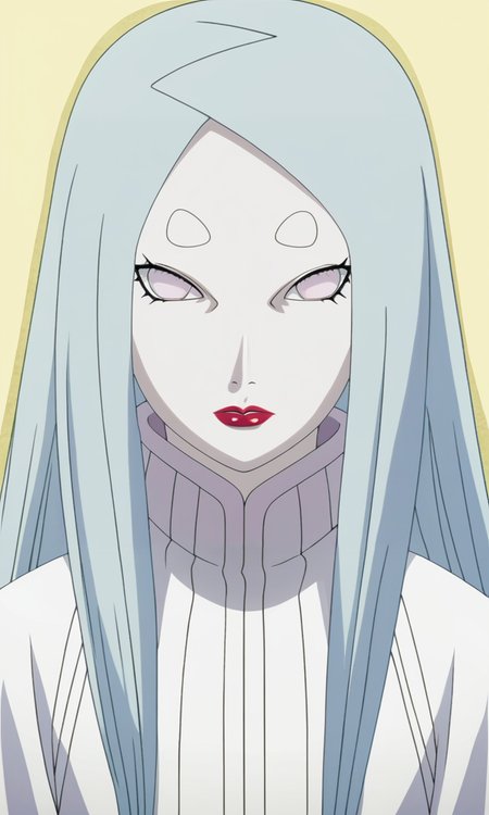 game cg, 
upper body, 
kaguyaa, 1girl, solo, looking at viewer, no pupils, lipstick, 
long hair, white skin, 
collar, white kimono, long sleeves, 
simple background, day, 
 <lora:Naruto_KaguyaOOtsutsuki_PXL-000017:1>