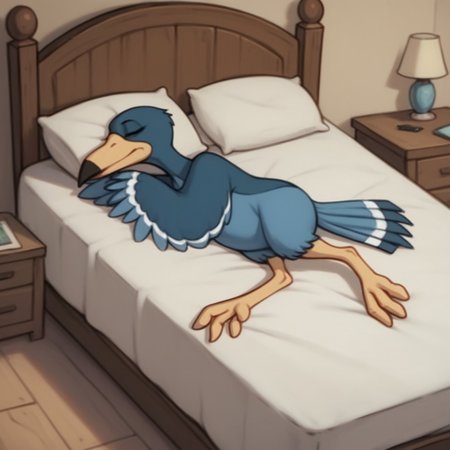 score_9, score_8_up, score_7_up, score_6_up, score_5_up, score_4_up, source_furry, Magpiebbv2, semi-anthro, female, bird, blue feathers, yellow beak, bedroom, lying, on bed, closed eyes, sleeping,