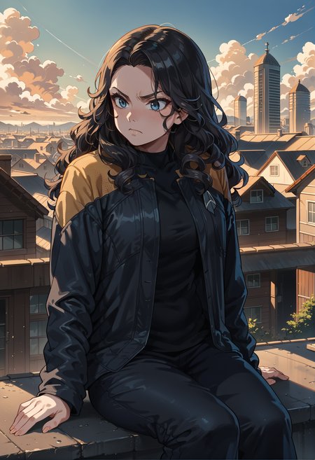 score_9, score_8_up, score_7_up, score_6_up, score_5_up, score_4_up, 1girl,sitting,on roof,chimney,serious,long hair,black hair,curly hair,
pcdjck,Star trek black jacket,yellow shoulders,black shirt
,<lora:PicardJacketPony>