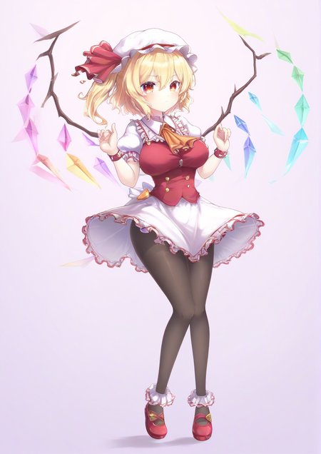 1girl, flandre scarlet, huge breast, touhou, ascot, black pantyhose, blonde hair, closed mouth, collar, crystal, dress, flying, gradient background, hair between eyes, hat, hat ribbon, looking at viewer, mob cap, one side up, orange ascot, pantyhose, pink background, puffy short sleeves, puffy sleeves, purple background, red dress, red eyes, red footwear, red ribbon, red wristband, ribbon, shoes, short hair, short sleeves, solo, tape, white collar, white headwear, white sleeves, wings, wristband, zPDXL3  <lora:sYaM:1>