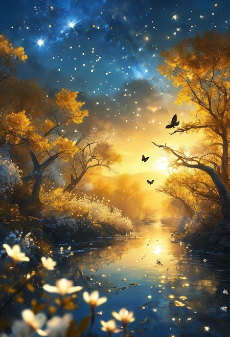 low angel, golden colors,In a surreal golden forest the rising sun glow upon the scene. A beam of light pierces through the dense foliage illuminating a crystal clear babbling brook. Golden butterflies dance among the white blossoms that bloom upon the trees their delicate petals gently swaying in the breeze. In the backgroundi the sky is a deep blue hue dotted with stars. The air is serene and the sound of birds chirping fills the morning air, 
vibrant, beautiful, translucent, intricate, detailed, 
many details, extreme detailed, full of details,
Wide range of colors., Dramatic,Dynamic,Cinematic,Sharp details
Insane quality. Insane resolution. Insane details. Masterpiece. 32k resolution.
<lora:add-detail-xl:0.9>  dvr-lnds-sdxl <lora:MJ52:0.5>  <lora:zavy-cntrst-sdxl:0.4>  <lora:zavy-rmlght-sdxl:0.4>