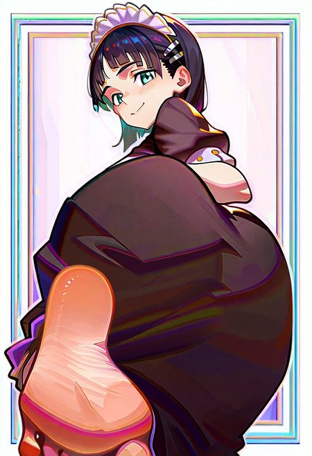 masterpiece,best quality,amazing quality, newest, absurdres, highres, Mevak_PS, two-tone background, Ramme_CL, Ramme, 1girl, kirigaya suguha, barefoot, soles, maid headdress, black hair, feet, toes, short hair, hair ornament, foot focus, smile, looking at viewer, hairclip, black dress, large breasts, bare legs, closed mouth, bangs, blush, puffy sleeves, thighs, frills, standing on one leg, looking back, green eyes, leg up, puffy short sleeves, from behind, foreshortening, shiny hair, maid apron