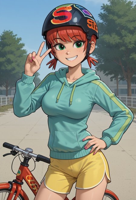 ((room background)),score_9, score_8_up, score_7_up,score_6_up, 
1girl, solo, Scarlett_KB, light skin, freckles, green eyes, dark lilac eyeshadow, red hair, short hair, front fringe, two small low pigtails, turquoise sleeveless hoodie, light lime-green long sleeve t-shirt, pastel-yellow skinny shorts, black fingerless glove, white long socks, dark lilac sneakers, black bicycle helmet with design, cute, tall stature, social smile, perfect eyes, perfect smile, looking at the viewer, detailed eyes, perfect eyes, standing, big breasts (front pose, front view, cowboy shot) five fingers, perfect hands, (hand on hip, hand up, peace sign)