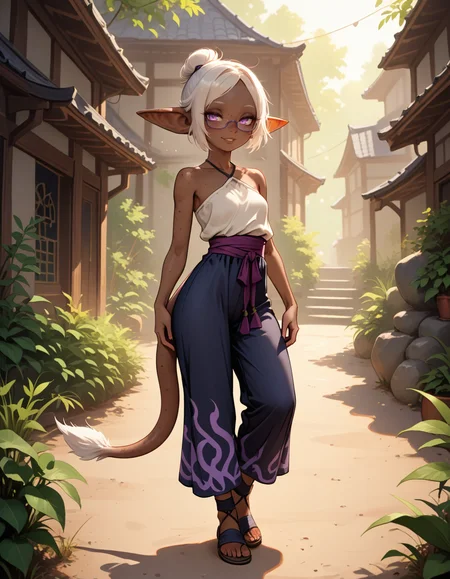 masterpiece, best quality, very aesthetic, absurdres,
outdoors,
full body, seductive smile, parted lips, long eyelashes,
 <lora:Gobi_v01_NAIXL:1>
G0b1,1girl,solo,goblin girl,dark-skinned female,pointy ears,short hair,white hair,single hair bun,ponytail,purple eyes,semi-rimless eyewear,freckles,colored skin,tail,