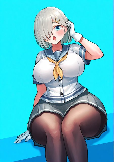 <lora:solharuu:1>,1girl, hamakaze \(kancolle\), huge breasts, wide hips, , kantai collection, black pantyhose, blue background, blue eyes, breasts, gloves, grey hair, hair ornament, hair over one eye, hairclip, hand in own hair, neckerchief, open mouth, pantyhose, pleated skirt, sailor collar, school uniform, serafuku, short hair, sitting, skirt, solo, white gloves, yellow neckerchief, 
animated, dynamic angle,very awa, masterpiece, best quality, highres, absurdes,amazing quality,very aesthetic,intricate details,detailed background, <lora:hand 5.5:1>
