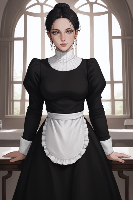 score_9, score_8_up, score_7_up, BREAK source_anime, <lora:Lara Tybur-PonyXL-lora-Faxtron:1> lara tybur, grey eyes, black hair, single hair bun, medium breasts, black dress, long sleeves, juliet sleeves, apron,