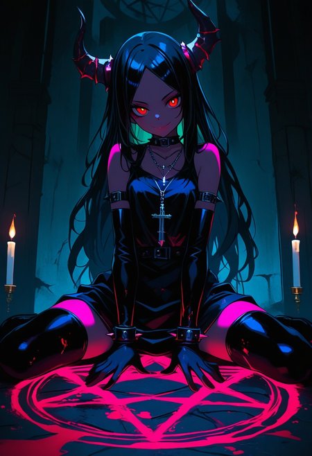 nlstn, horns, black hair, 1girl, jewelry, solo, bracelet, thighhighs, candle, red eyes, sitting, wariza, colored skin, gloves, looking at viewer, smile, blood, spikes, elbow gloves, magic circle, dress, black thighhighs, pentagram, necklace, glowing, bare shoulders, long hair, cross, black dress, low angle, legs spread