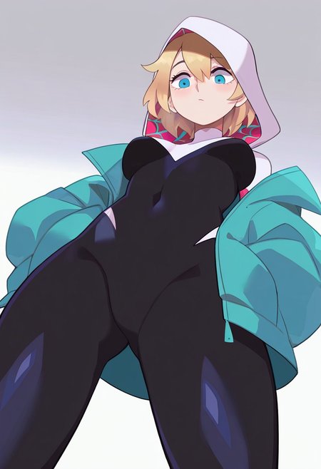 masterpiece,best quality,amazing quality, newest, absurdres, highres, Kiding_Ryuu, KDSTL, spider gwen, thick lines, 1girl, white background, simple background, blonde hair, hands in pockets, blue eyes, bodysuit, from below, short hair, covered navel, hood, looking down, open clothes, green jacket, closed mouth, open jacket