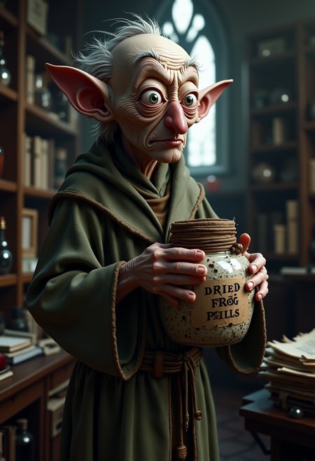 The Bursar, nervous and jittery, thin and frail, pale complexion, frazzled expression, eyes wide with a hint of anxiety, wearing modest, slightly ill-fitting wizard robes in muted green and brown, clutching a big jar who reads "DRIED FROG PILLS," fingers twitching slightly, aura of suppressed panic, surrounded by stacks of paperwork and potion bottles, cluttered office, sense of barely-contained chaos, humorously bewildered, exudes both nervous energy and fragile composure