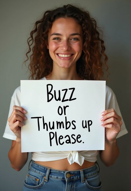 woman  holding a sign that say "buzz or thumbs up please"