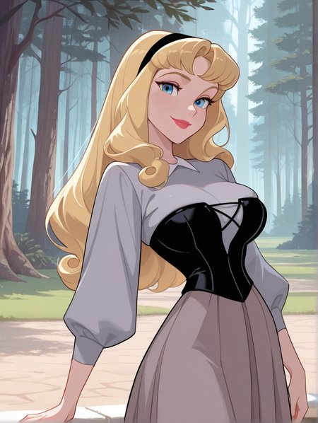 masterpiece, best quality, amazing quality, very aesthetic, absurdres,  newest, detailed background, cowboy shot,  outdoors, dynamic angle, 4k, 8k, palace,forest,
auroraxd, 1girl, solo, blonde hair, blue eyes, long hair, grey shirt, long sleeves, corset, skirt, large breasts, hairband, looking at viewer, smile, sexy, seductive, skindentation, lipstick, makeup, 
 <lora:Aurora_-_Disney_Illustrious:1>