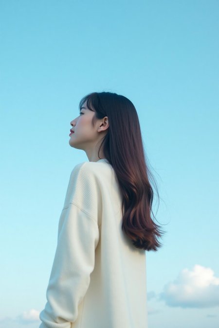 An extra long shot landscape photo showing the profile of a young Asian woman standing in front of blue sky. The woman has long hair, wears white sweater dress. The overall image shows a minimalistic and dreamini style. <lora:Herbst_Photo_35mm v2:0.8><lora:790617678915298636:0>