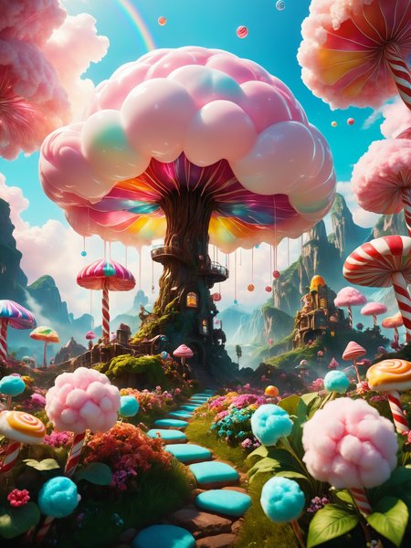 cinematic photo biomechanical style land art style hyperrealistic (A landscape with a pink atmosphere that scatters the light in different hues, creating a colorful and whimsical environment. The flora is fantastical and whimsical, such as cotton candy clouds, rainbow flowers, and candy cane trees. The geology is mostly soft and sweet, with marshmallows, chocolate, and jelly. The mood is playful and fun.),  <lora:SDXLFaeTastic2400:0.8> , <lora:RMSDXL_Creative:0.8> . photorealistic, extreme detail, lifelike, crisp, precise,blurry . natural materials, outdoor, environmental, detailed . blend of organic and mechanical elements, futuristic, cybernetic, detailed, intricate . 35mm photograph, film, bokeh, professional, 4k, highly detailed