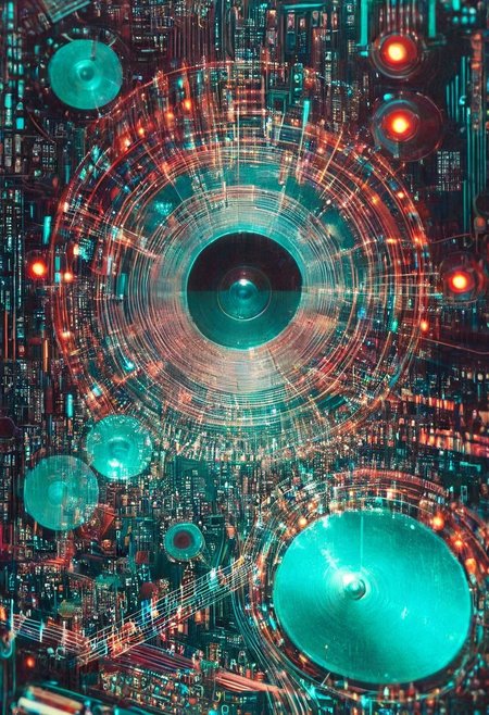 double exposure of opera diva Hatsune Miku with long floating aqua twintails singing high note merging blending  with a printed circuit board of Yamaha electronics chip processor, <lora:DoubleExposure:1>, (head:1.8), <lora:The Phantom of the Opera style:1.5> The Phantom of the Opera style, <lora:loraeyesxl:0.4>