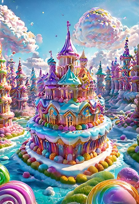 castle,
A traveler looking at a gigantic castle made of dozens of towers, medical, white, grass,floating island, multicolored clouds, castle on top of floating island, Candy